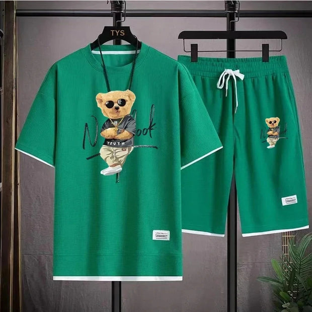2025 Summer Men's trendy and fashionable high-end Waffle suits, casual T-shirt and shorts sets, men's sportswear sets, solid-col