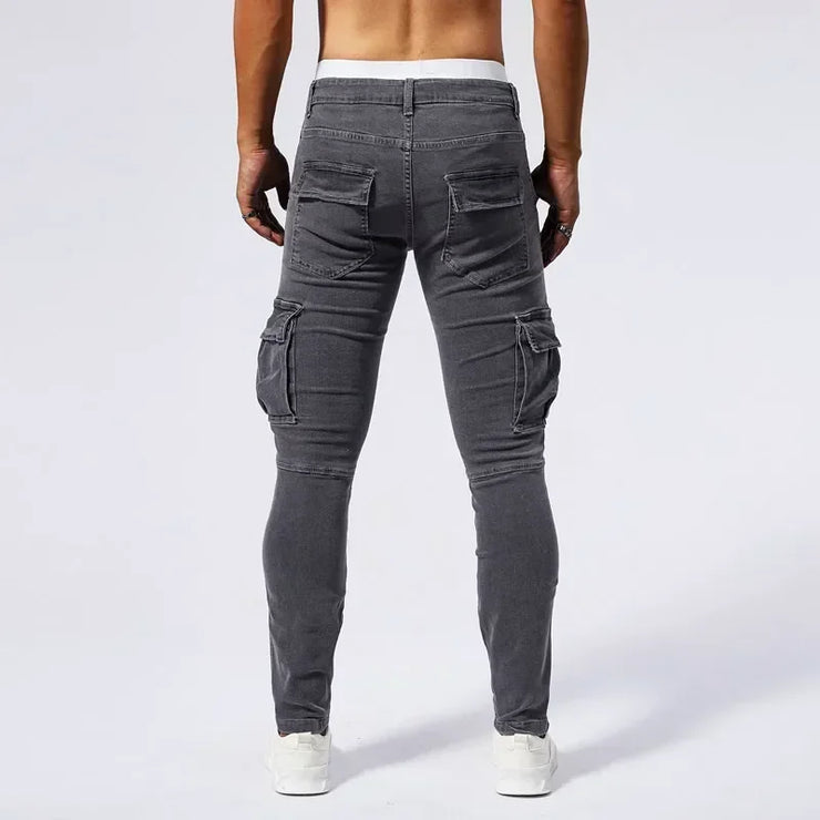 2025 New Men Street Elastic Denim Jeans Multi Pockets Cargo Pants Casual Slim Denim Trousers Fashion Y2k Joggers Baggy Man Pants