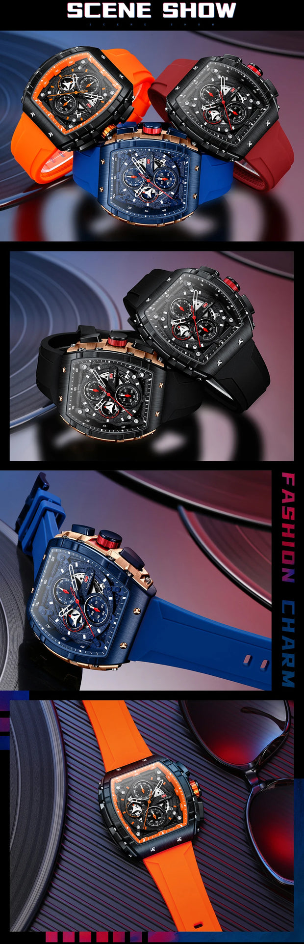 MINI FOCUS Chronograph Quartz Watch for Men Tonneau Dial Military Sport Wristwatch Male with Orange Silicone Strap Auto Date
