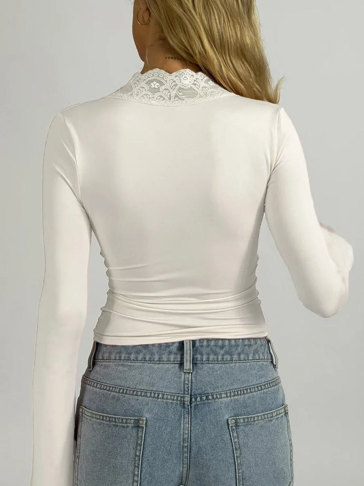 Women Fall Tops  Lace Trim Deep V Neck Bell Sleeve Crop Shirt Casual Streetwear