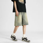 Men's denim shorts, men's 2025 summer thin style retro loose American fashion brand casual five inch mid length pants
