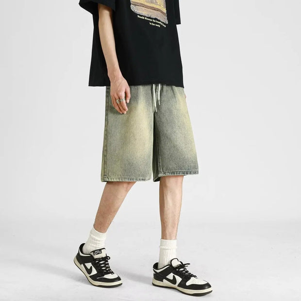 Men's denim shorts, men's 2025 summer thin style retro loose American fashion brand casual five inch mid length pants