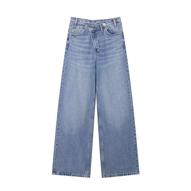 TRAF Women's Basic Hundred Jeans New Fashion Asymmetric Design High Waist Wide Leg Trousers Casual Women's Straight Leg Jeans