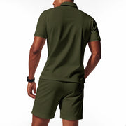Men's Summer Sports Solid-Color Set, Quarter-Zipper Set, 2-Piece Beach Vacation Set, Men's Fashionable Casual Workwear Set.