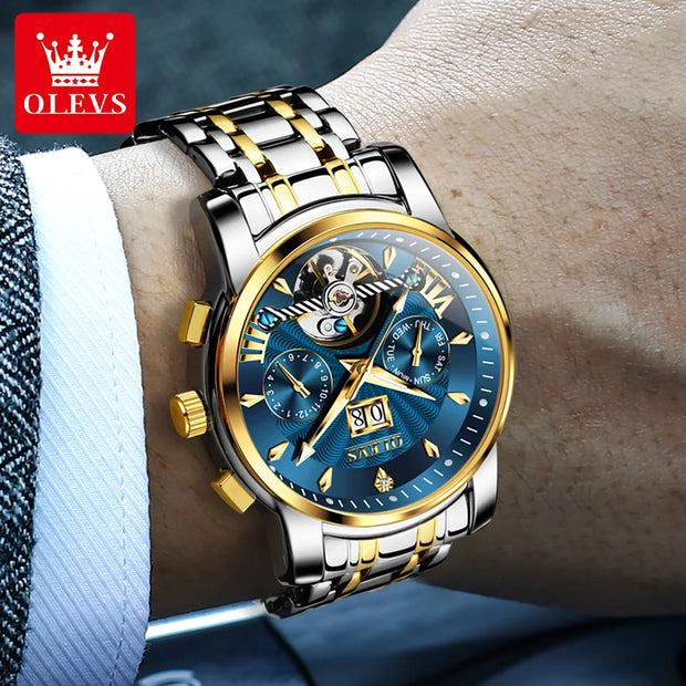 OLEVS 9965 Mens Watch Classic Hollow Out Automatic Mechanical Watch Original Movement Waterproof Luminous Calendar Year Moon