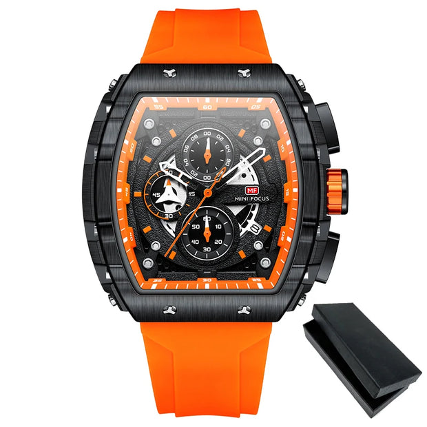 MINI FOCUS Chronograph Quartz Watch for Men Tonneau Dial Military Sport Wristwatch Male with Orange Silicone Strap Auto Date