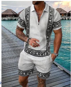 Men's Summer suit  Polo Tracksuit Set  Men Short Sleeve Zipper Polo t-Shirt and Shorts Set  2 Piece Suit  for boy with shorts