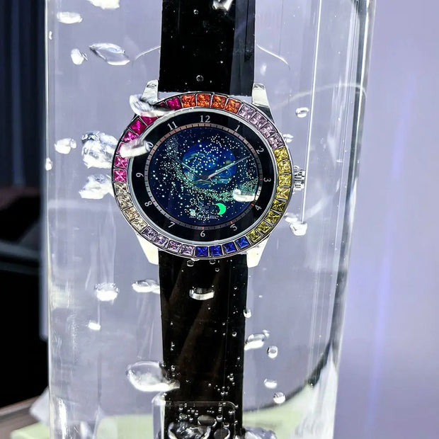 Luxury Brand Mechanical Watch for Men Rotating Star Dial Fashion Rainbow Case Automatic Watches Genuine Leather Strap Wristwatch
