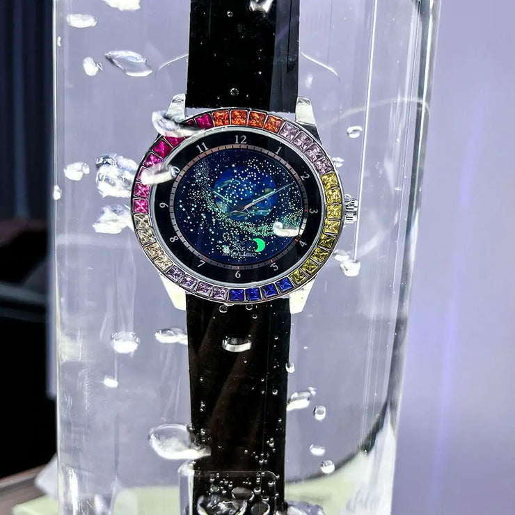 Luxury Brand Mechanical Watch for Men Rotating Star Dial Fashion Rainbow Case Automatic Watches Genuine Leather Strap Wristwatch