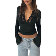 Women Fall Tops  Lace Trim Deep V Neck Bell Sleeve Crop Shirt Casual Streetwear