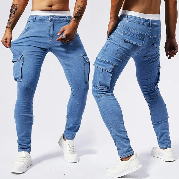 2025 New Men Street Elastic Denim Jeans Multi Pockets Cargo Pants Casual Slim Denim Trousers Fashion Y2k Joggers Baggy Man Pants