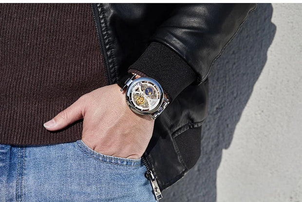 New Fashion Hollow Automatic Mechanical Watches Men Business Casual Leather Skeleton Tourbillon Wrist Watch Relogio Masculino