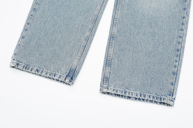 TRAFZA Jeans For Women 2024 Denim Solid Loose Zipper Fly Female Hole Trouser Pockets Wild Basic Commute Woman Wide Leg Long Pant