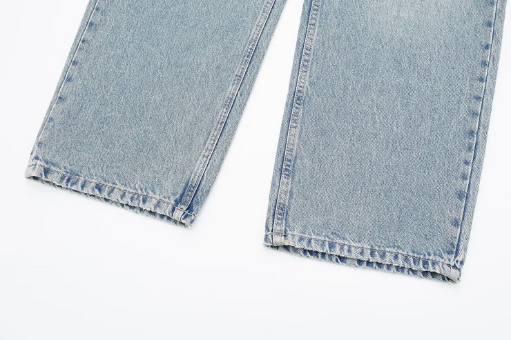 TRAFZA Jeans For Women 2024 Denim Solid Loose Zipper Fly Female Hole Trouser Pockets Wild Basic Commute Woman Wide Leg Long Pant
