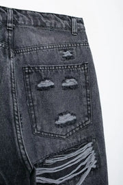 TRAFZA Jeans For Women 2024 Denim Solid Loose Zipper Fly Female Hole Trouser Pockets Wild Basic Commute Woman Wide Leg Long Pant