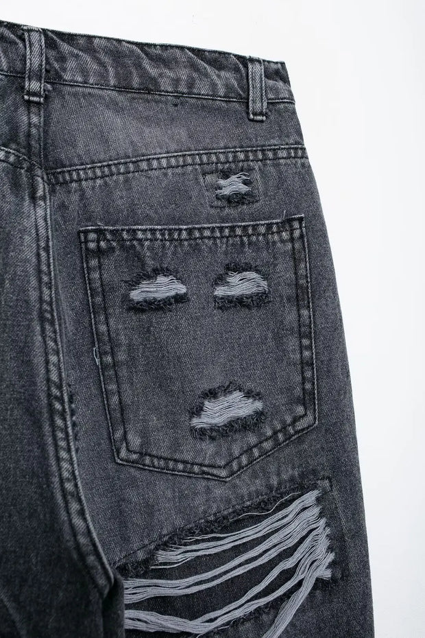 TRAFZA Jeans For Women 2024 Denim Solid Loose Zipper Fly Female Hole Trouser Pockets Wild Basic Commute Woman Wide Leg Long Pant