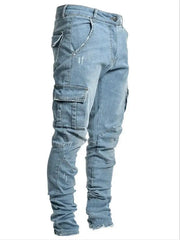 2025 New Men Street Elastic Denim Brand Jeans Narrow Legs Multi Pockets Cargo Pants Casual Slim Fit Daily Wear Joggers Mid Waist