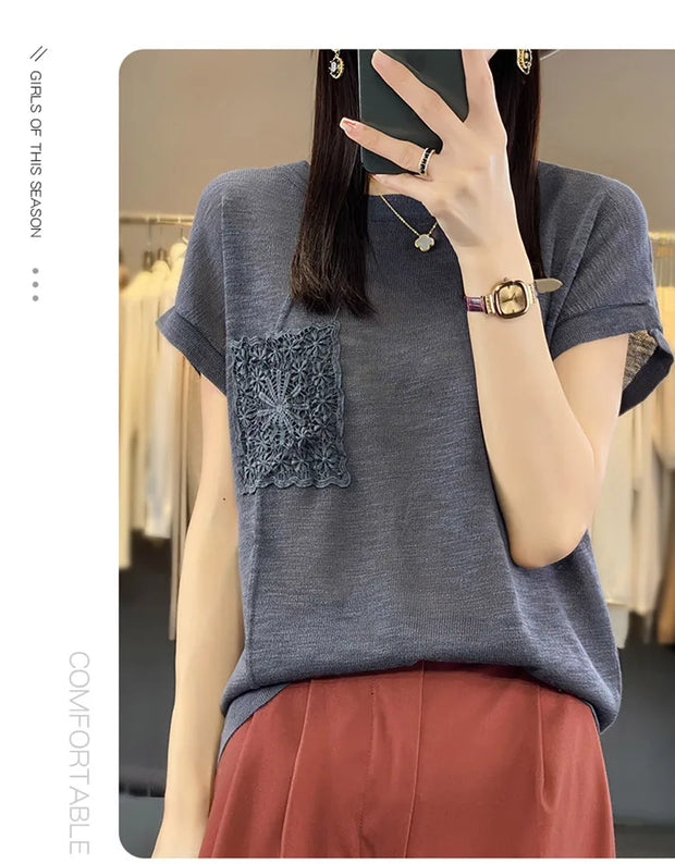 Women's T-shirt Spring/Summer Worsted Cotton Knitwear Casual Solid Color Ladies' Tops Loose Round Neck Blouse Pullover Tees