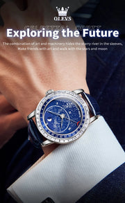 OLEVS Original Men's Automatic Mechanical Watch Fashion Business Leather Strap Luxury Diamond Starry Sky Moon Phase Men's Watch
