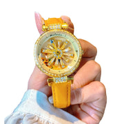 Sunflower Rotation Dial Quartz Women Watch Genuine Leather Strap Antique Watch