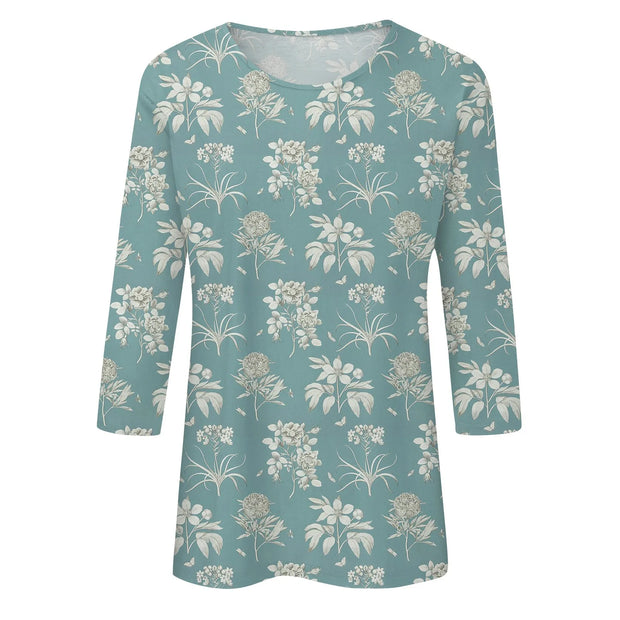 2024 Women Summer Tops Comfortable T Shirt Fashion Flower Print Round Neck 3/4 Sleeve Tops Soft Versatile Pullover Ropa De Mujer