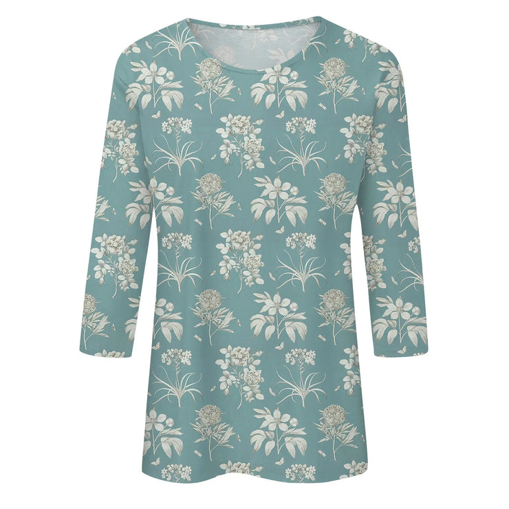 2024 Women Summer Tops Comfortable T Shirt Fashion Flower Print Round Neck 3/4 Sleeve Tops Soft Versatile Pullover Ropa De Mujer