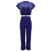Women Casual Round Neck Drawstring Short Sleeve Top & High Waist Pants Set Summer Solid Two Piece Suit Sets Outfits Set Female