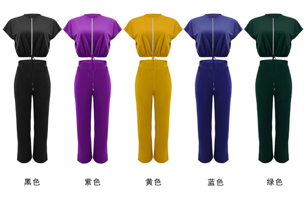 Women Casual Round Neck Drawstring Short Sleeve Top & High Waist Pants Set Summer Solid Two Piece Suit Sets Outfits Set Female