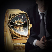 WINNER Military Triangle Skeleton Automatic Watch for Men Gold Sports Mechanical Watches Luxury Stainless Steel Strap Luminous
